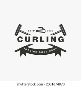 Curling logo sport vector with curling stone and crossed curling brooms concept