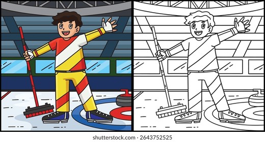 Curling atleta masculino com Vassoura Ilustração 