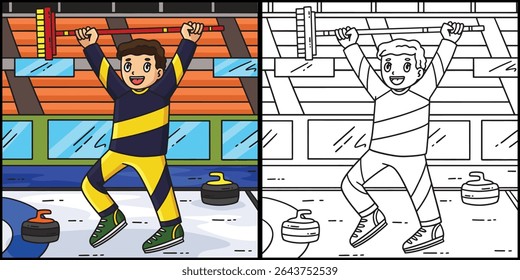 Curling masculino Curler levantando Vassoura ilustração 