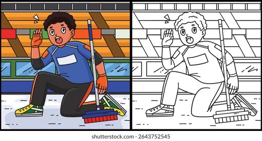 Curling Male Skip Shouting Coloring Illustration 