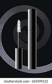 Curling mascara ad, 3d illustration mascara and tube, packing, with white spiral in the form of a smear of mascara, isolated on black background