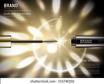 Curling mascara ads, 3d illustration mascara brush and its container with brilliant golden lights on the background