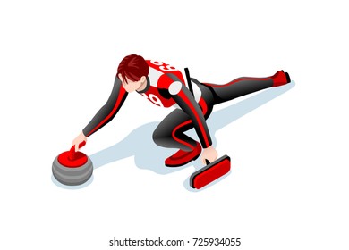 Curling match curler athlete winter sport man vector 3D isometric icon.