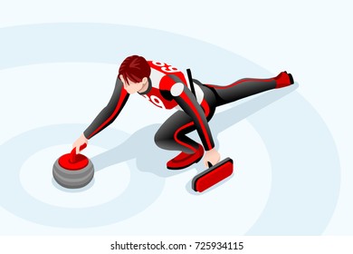 Curling match curler athlete winter sport man vector 3D isometric icon.