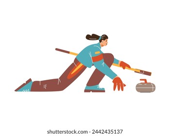 Curling match. Vector sports illustration with girl playing curling, sweeping ice, aiming at stone. Isolated design for cards or promotional materials.