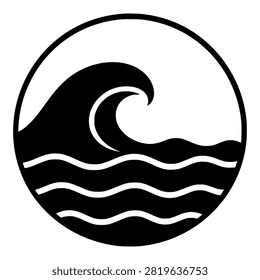 Curling Ocean Wave in a Circle with Wavy Water Lines, Black Silhouette Emblem for Surf, Travel and Marine Conservation Branding