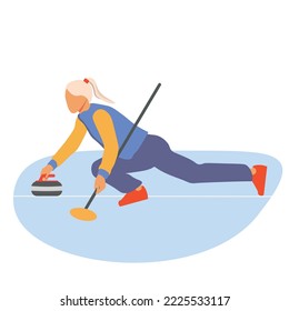 Curling player delivering a stone on a curling rink, sliding over the ice