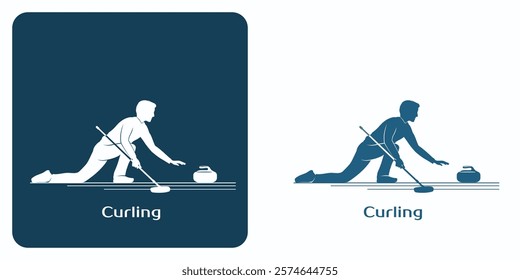 Curling Player Emblem. Curler Throw a Stone on Ice. Player with stone and brush on a ice rink. One of the summer sports games logo set. Vector illustration.