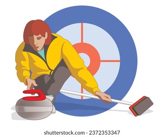 roca deslizante de la jugadora de curling hembra y escoba con el objetivo en segundo plano