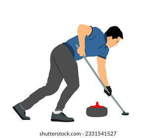 Curling player on ice vector illustration isolated on white background. Winter sport game.  Man curling player delivering a stone on a curling rink, sliding over ice. Boy brushing ice directing stone.