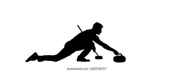Curling player on ice vector silhouette illustration isolated on white. Winter sport game.  Man curling player delivering a stone on a curling rink, sliding over ice. Boy brushing ice directing stone.