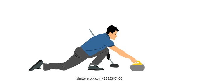 Curling player on ice vector illustration isolated on white background. Winter sport game.  Man curling player delivering a stone on a curling rink, sliding over ice. Boy brushing ice directing stone.