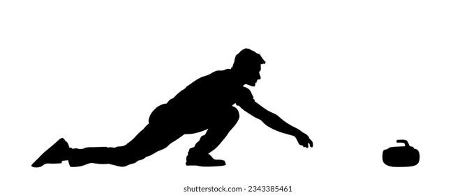 Curling player on ice vector silhouette illustration isolated on white. Winter sport game.  Man curling player delivering a stone on a curling rink, sliding over ice. Boy brushing ice directing stone.