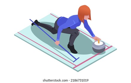 Curling player with rock and broom. Woman playing on ice curling sheet with polished stone. Sportsman Icon competition design concept for game, modern graphic resource. Isometric vector illustration