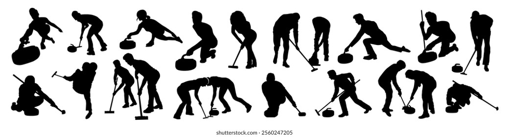 Curling player silhouette set. Men and women in different poses. Vector illustration. Winter sport