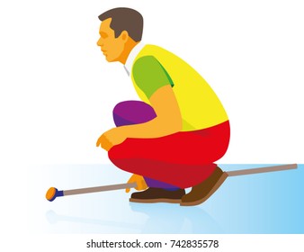 curling player watches an ice-sliding heavy disk of stone