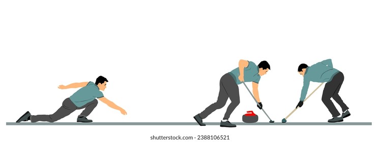 Curling players crew on ice vector illustration isolated on white. Winter sport game. Team work man delivering stone on curling rink sliding over ice. Boy brushing ice directing stone.