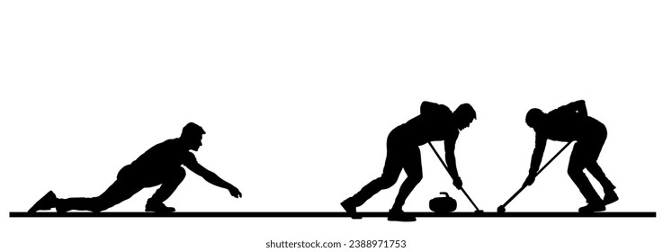 Curling players crew on ice vector silhouette illustration isolated on white. Winter sport game. Team work man delivering stone on curling rink sliding over ice. Boy brushing ice directing stone.