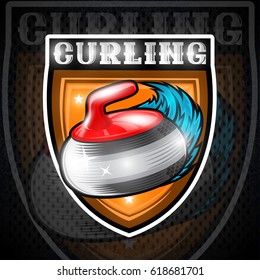 Curling red stone with blue wind or ice trail in center of shield. Sport logo for any team or championship
