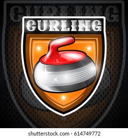 Curling red stone in center of shield. Sport logo for any team or championship