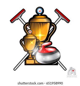 Curling red stone with two cups and crossed brushes on white. Sport logo for any team or championship