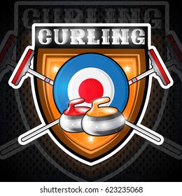 Curling red and yellow stones on target with crossed brush for curling in center of shield. Sport logo for any team or championship