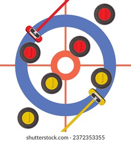 curling rocks and curling broom on ice with target viewed from an aerial perspective