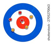 Curling sheet target-house with six red and yellow granite stones top view, for winter sports realistic 3d vector illustration, winter game competition, curling team strategy scheme.