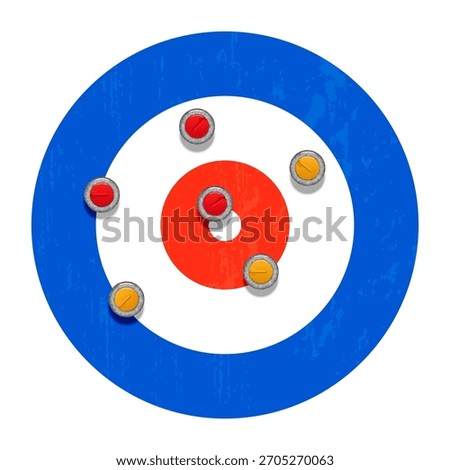 Curling sheet target-house with six red and yellow granite stones top view, for winter sports realistic 3d vector illustration, winter game competition, curling team strategy scheme.