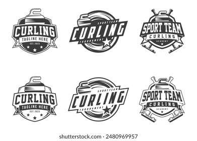 Insignia deportiva de curling logotipos Ilustración vectorial, emblemas conjunto colección y Elementos de diseño, estilo monocromo logotipo de curling