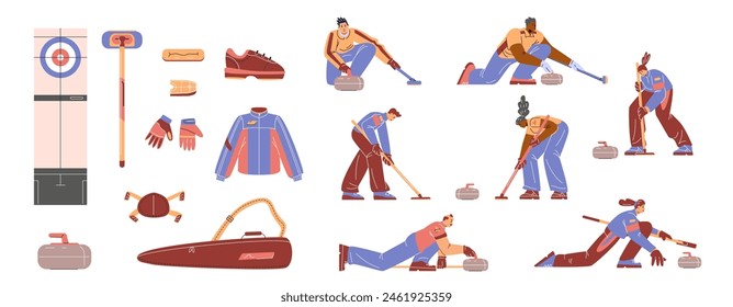 Equipo de juego de curling y Vector uniforme de dibujos animados conjunto. Jugadores de dibujos animados, rizado deslizante suela de piedra y cepillo, caso, anillo de hielo. Curling deporte de invierno juego de herramientas de competición