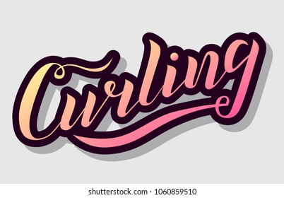 Curling sport gradient lettering text on grey background. Vector illustration. Curling modern brush calligraphy. Winter game, fitness, activity vector design. Print for banner,logo, T-shirt and caps.