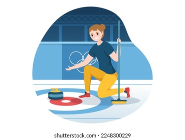 Curling Sport Illustration con Team Play of Rocks and Broom in Rectangular Ice Ring in Championship Flat Cartoon Hand Drawn Template