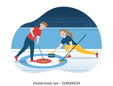 Curling Sport Illustration con Team Play of Rocks and Broom in Rectangular Ice Ring in Championship Flat Cartoon Hand Drawn Template