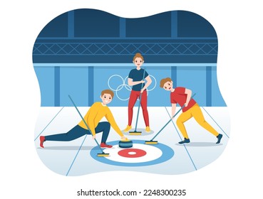 Curling Sport Illustration with Team Playing Game of Rocks and Broom in Rectangular Ice Ring in Championship Flat Cartoon Hand Drawn Template