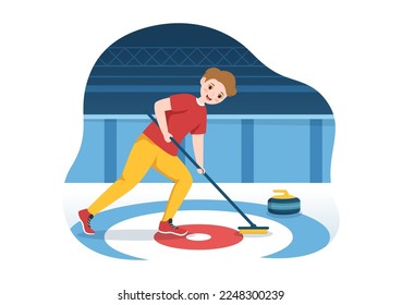 Curling Sport Illustration con Team Play of Rocks and Broom in Rectangular Ice Ring in Championship Flat Cartoon Hand Drawn Template