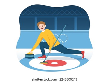 Curling Sport Illustration con Team Play of Rocks and Broom in Rectangular Ice Ring in Championship Flat Cartoon Hand Drawn Template