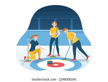 Curling Sport Illustration con Team Play of Rocks and Broom in Rectangular Ice Ring in Championship Flat Cartoon Hand Drawn Template