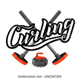 Curling sport lettering text with broom and stone on white background. Vector illustration. Curling brush calligraphy. Sport, fitness, activity vector design. Print for logo, T-shirt, banner and caps.