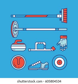 Curling Sport Main Icons And Symbols. Curling Equipment: Stone, Broom, Shoes, Gloves. Vector Concept.