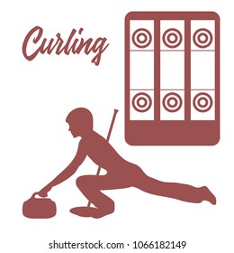 Curling sport. Playground for curling, broom, stone and athlete silhouette.