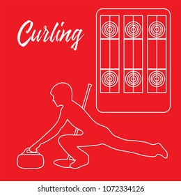 Curling sport. Playground for curling, broom, stone and athlete silhouette.