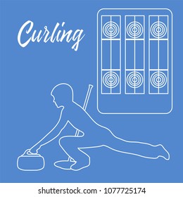 Curling sport. Playground for curling, broom, stone and athlete silhouette.