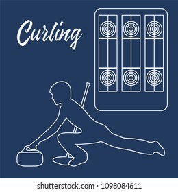 Curling sport. Playground for curling, broom, stone and athlete silhouette.