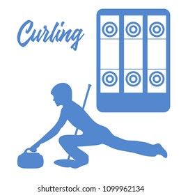 Curling sport. Playground for curling, broom, stone and athlete silhouette.