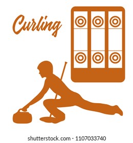 Curling sport. Playground for curling, broom, stone and athlete silhouette.
