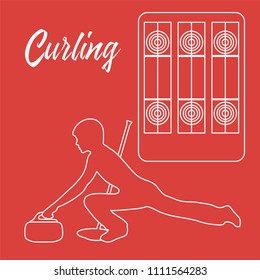 Curling sport. Playground for curling, broom, stone and athlete silhouette.