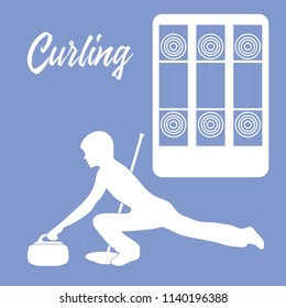 Curling sport. Playground for curling, broom, stone and athlete silhouette.
