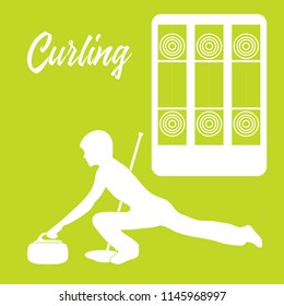 Curling sport. Playground for curling, broom, stone and athlete silhouette.