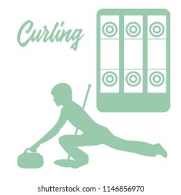 Curling sport. Playground for curling, broom, stone and athlete silhouette.